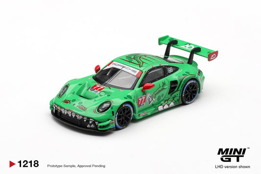 Mini GT 1:64 Porsche 911 GT3 R 992 AO Racing #77 Sebring 2025 diecast model. Front