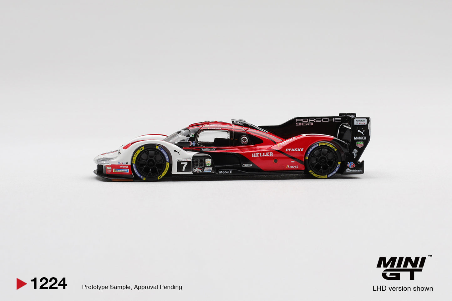 Mini GT 1:64 Porsche 963 #7 Porsche Penske Daytona 2025 winner diecast model. Side