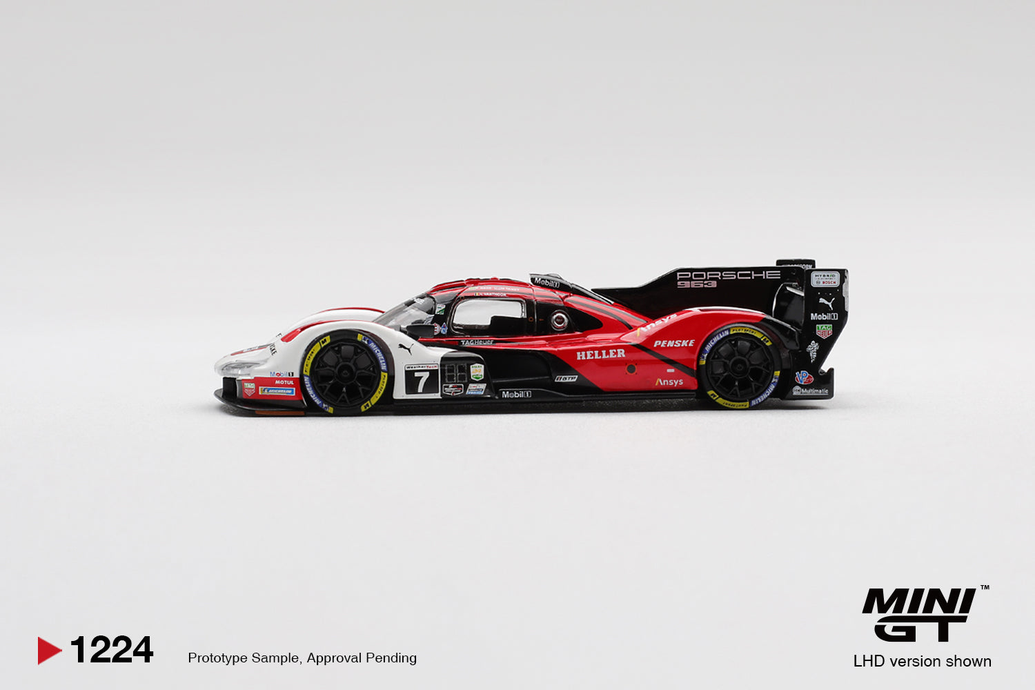 Mini GT 1:64 Porsche 963 #7 Porsche Penske Daytona 2025 winner diecast model. Side