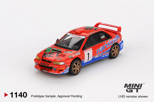 Mini GT 1:64 Subaru Impreza WRC97 #1 DRM Champion 1999 diecast model car in blue and gold livery. Front