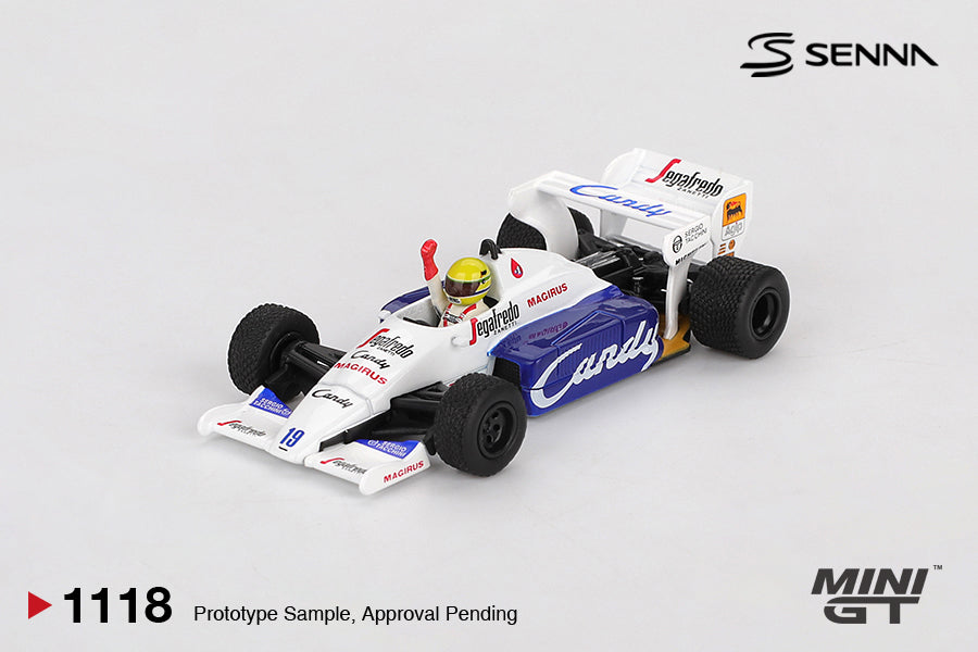 Mini GT 1:64 Toleman TG184 #19 Ayrton Senna 1984 Monaco GP 2nd Place diecast model. Front