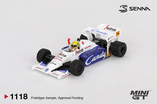 Mini GT 1:64 Toleman TG184 #19 Ayrton Senna 1984 Monaco GP 2nd Place diecast model. Front