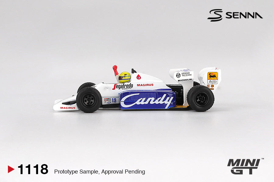 Mini GT 1:64 Toleman TG184 #19 Ayrton Senna 1984 Monaco GP 2nd Place diecast model. Side