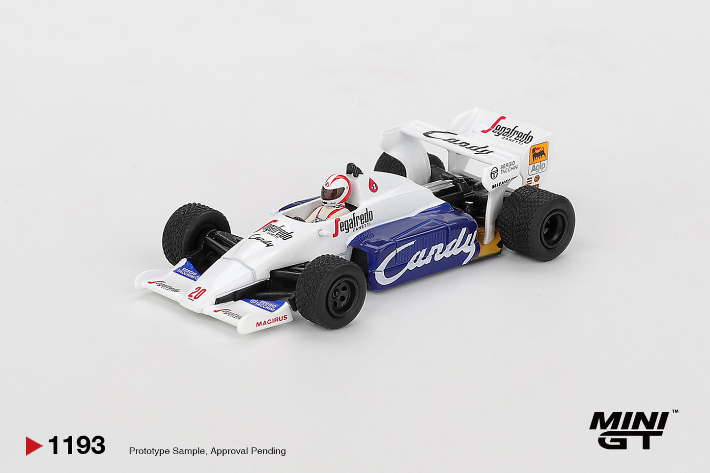 Mini GT Toleman TG184 #20 Johnny Cecotto Monaco GP 1984 Formula 1 diecast 1:64. Front