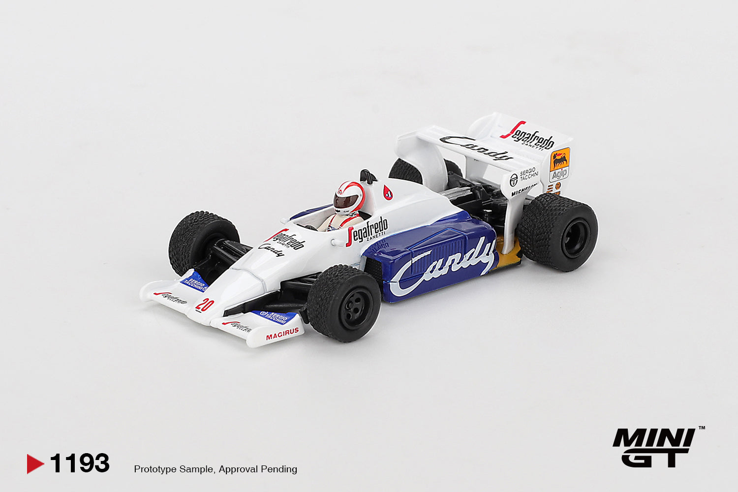Mini GT Toleman TG184 #20 Johnny Cecotto Monaco GP 1984 Formula 1 diecast 1:64. Front
