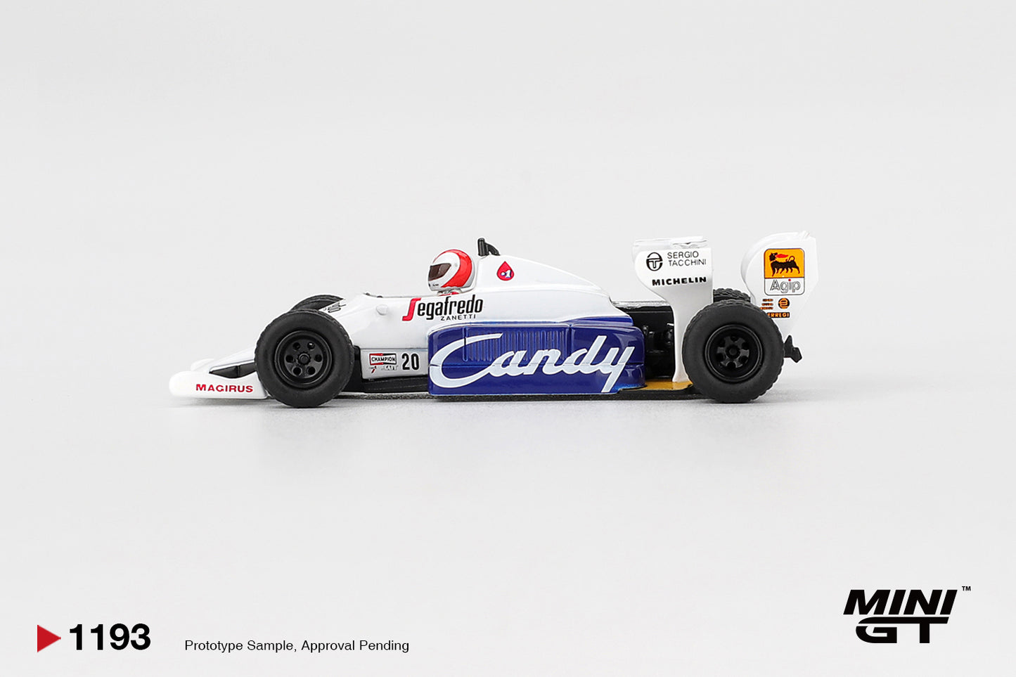 Mini GT Toleman TG184 #20 Johnny Cecotto Monaco GP 1984 Formula 1 diecast 1:64. Side