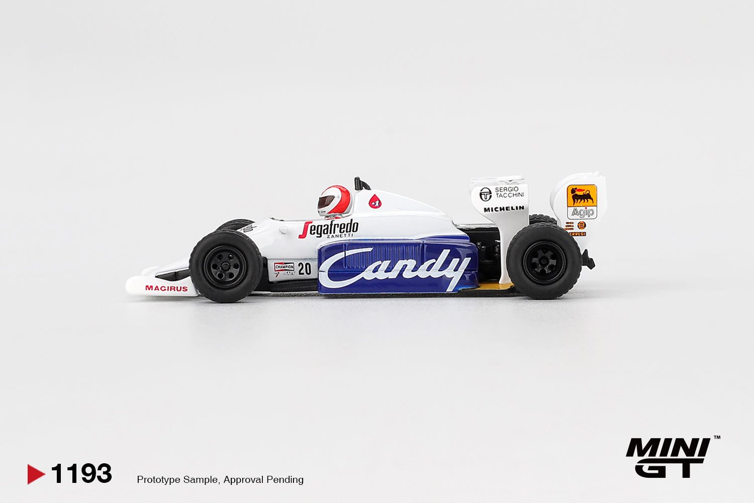 Mini GT Toleman TG184 #20 Johnny Cecotto Monaco GP 1984 Formula 1 diecast 1:64. Side