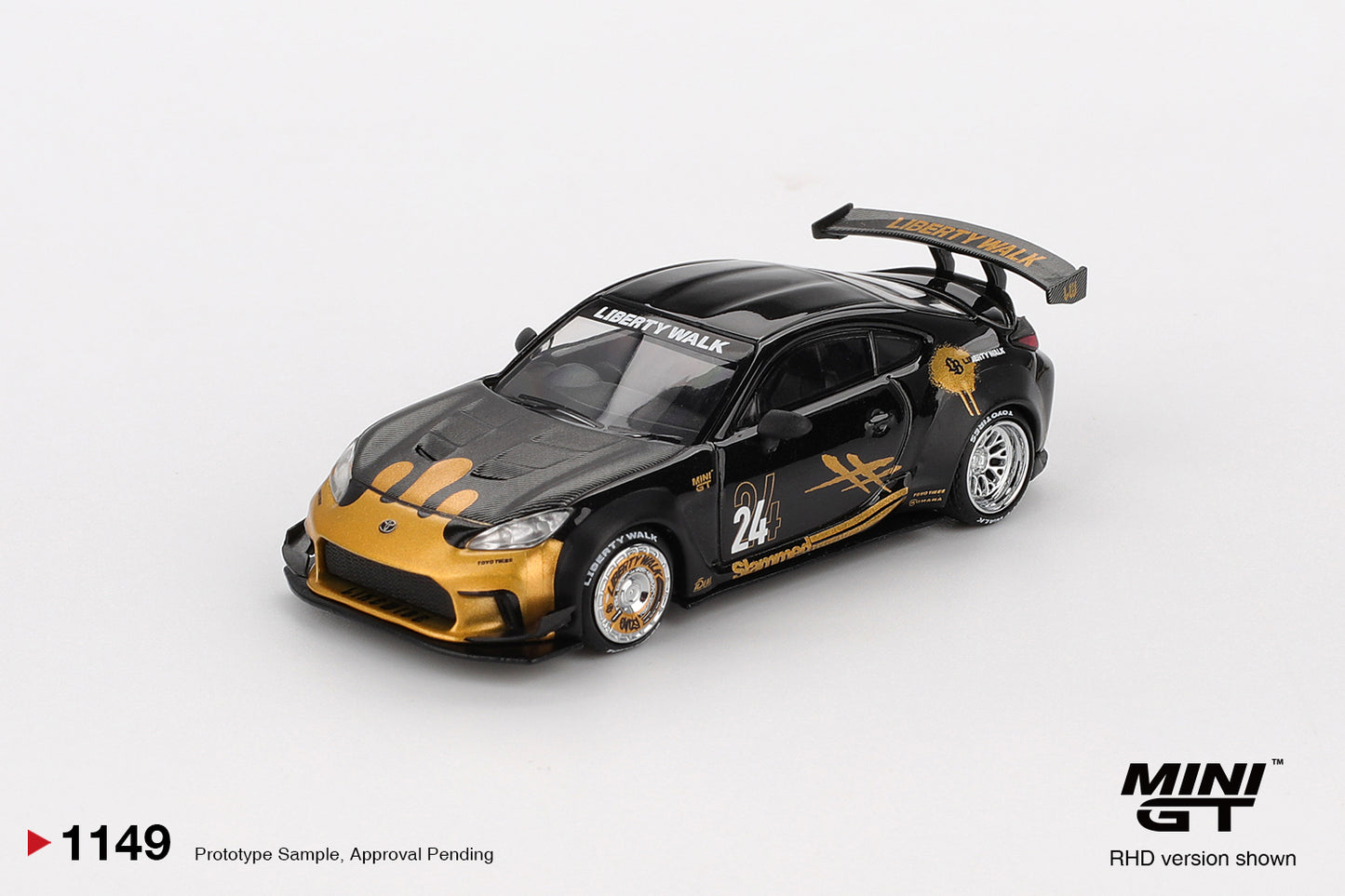 1:64 Mini GT Toyota GR Supra LB-Nation Black & Gold 2025 – widebody JDM die-cast model. Front