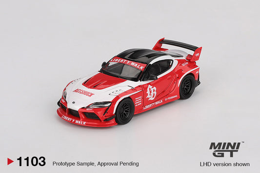 Mini GT Toyota GR Supra LB-Works Red White 2025 widebody diecast car. Front