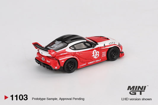 Mini GT Toyota GR Supra LB-Works Red White 2025 widebody diecast car. Back