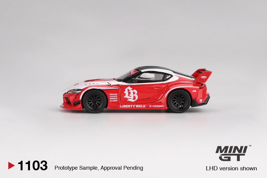 Mini GT Toyota GR Supra LB-Works Red White 2025 widebody diecast car. Side