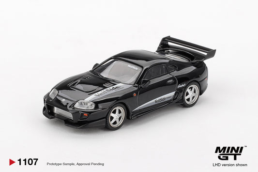 Mini GT 1:64 Toyota Supra MK4 A80 VeilSide Combat V-II black widebody model. Front