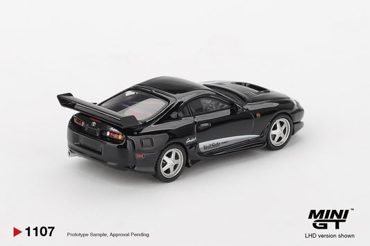 Mini GT 1:64 Toyota Supra MK4 A80 VeilSide Combat V-II black widebody model. Back