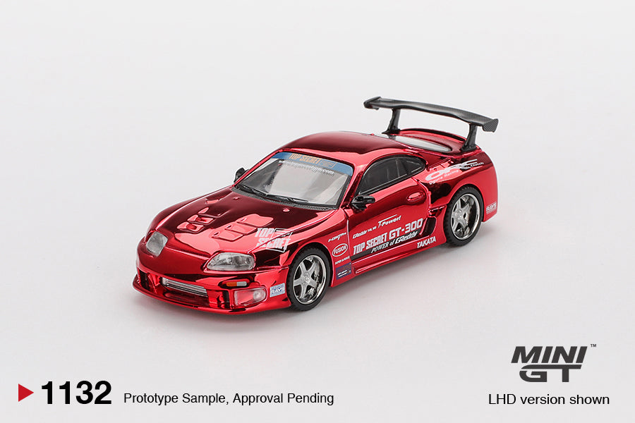 Mini GT 1:64 Toyota Supra A80 Top Secret GT-300 Red Chrome 2014 diecast model. Front
