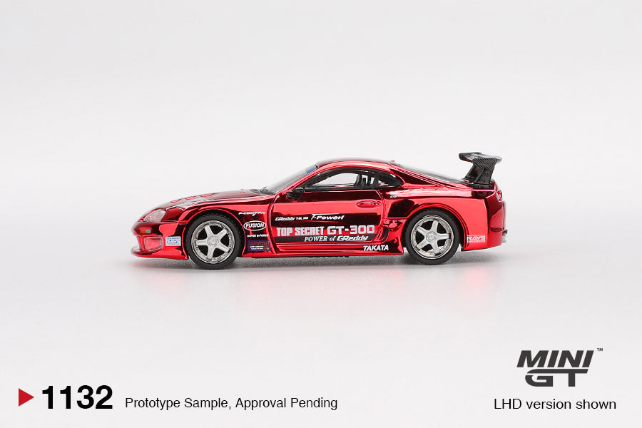 Mini GT 1:64 Toyota Supra A80 Top Secret GT-300 Red Chrome 2014 diecast model. Side