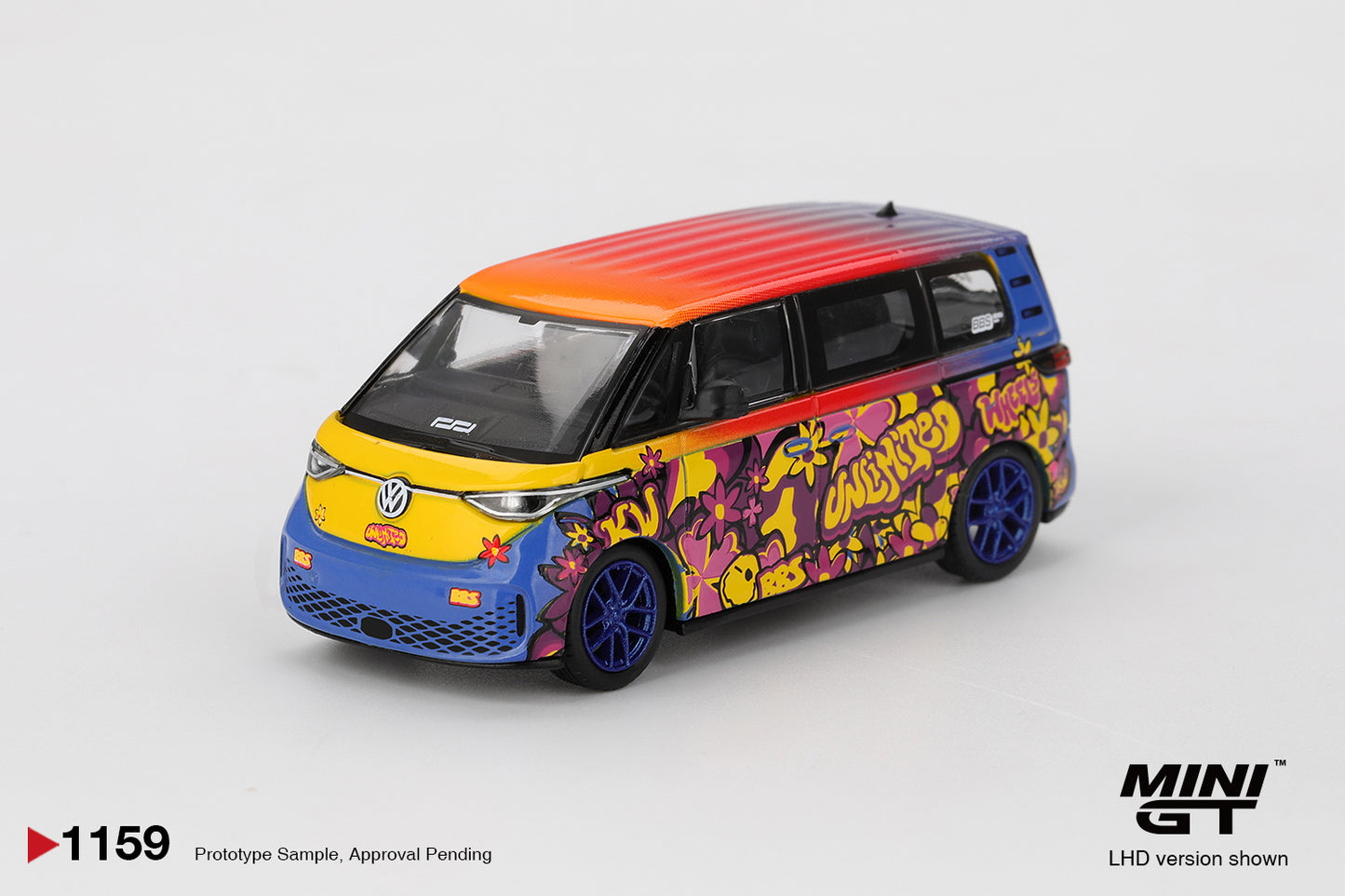 1:64 Mini GT Volkswagen ID.Buzz KW/BBS 2025 – two-tone electric van die-cast model with BBS wheels. Front