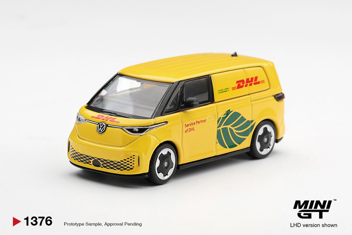 Mini GT Volkswagen ID. Buzz DHL Electric 2025 delivery vehicle in 1:64 scale.