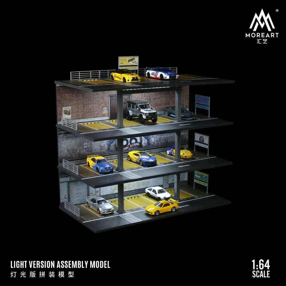 MoreArt 1:64 four-story parking building diorama with LED lighting for displaying diecast model cars