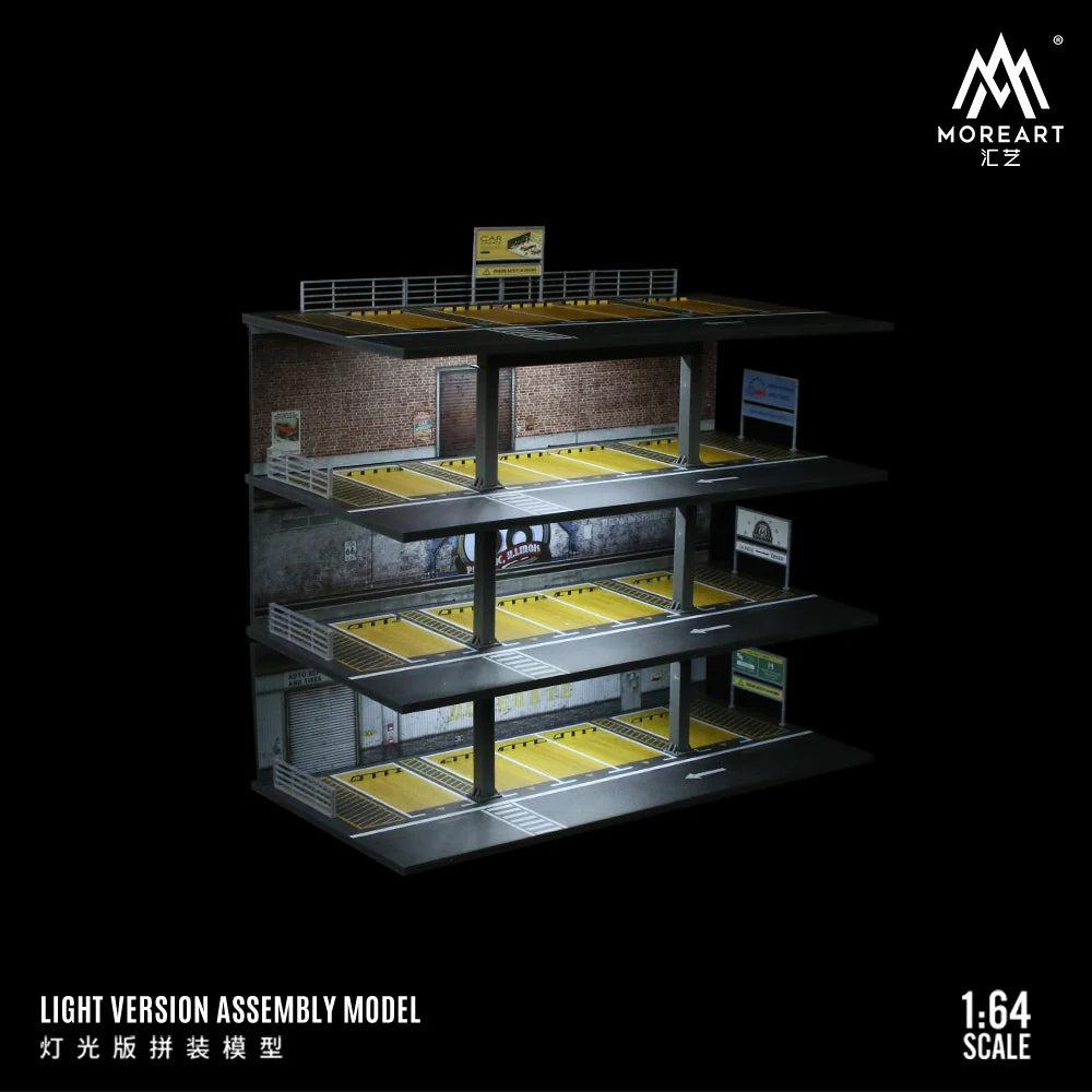 MoreArt 1:64 four-story parking building diorama with LED lighting for displaying diecast model cars