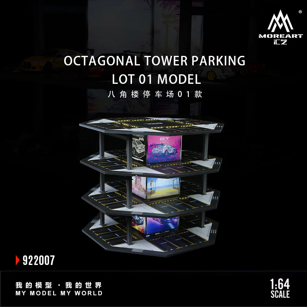 MoreArt Octagonal Tower Parking Lot 01 MO922007 with illuminated parking levels.