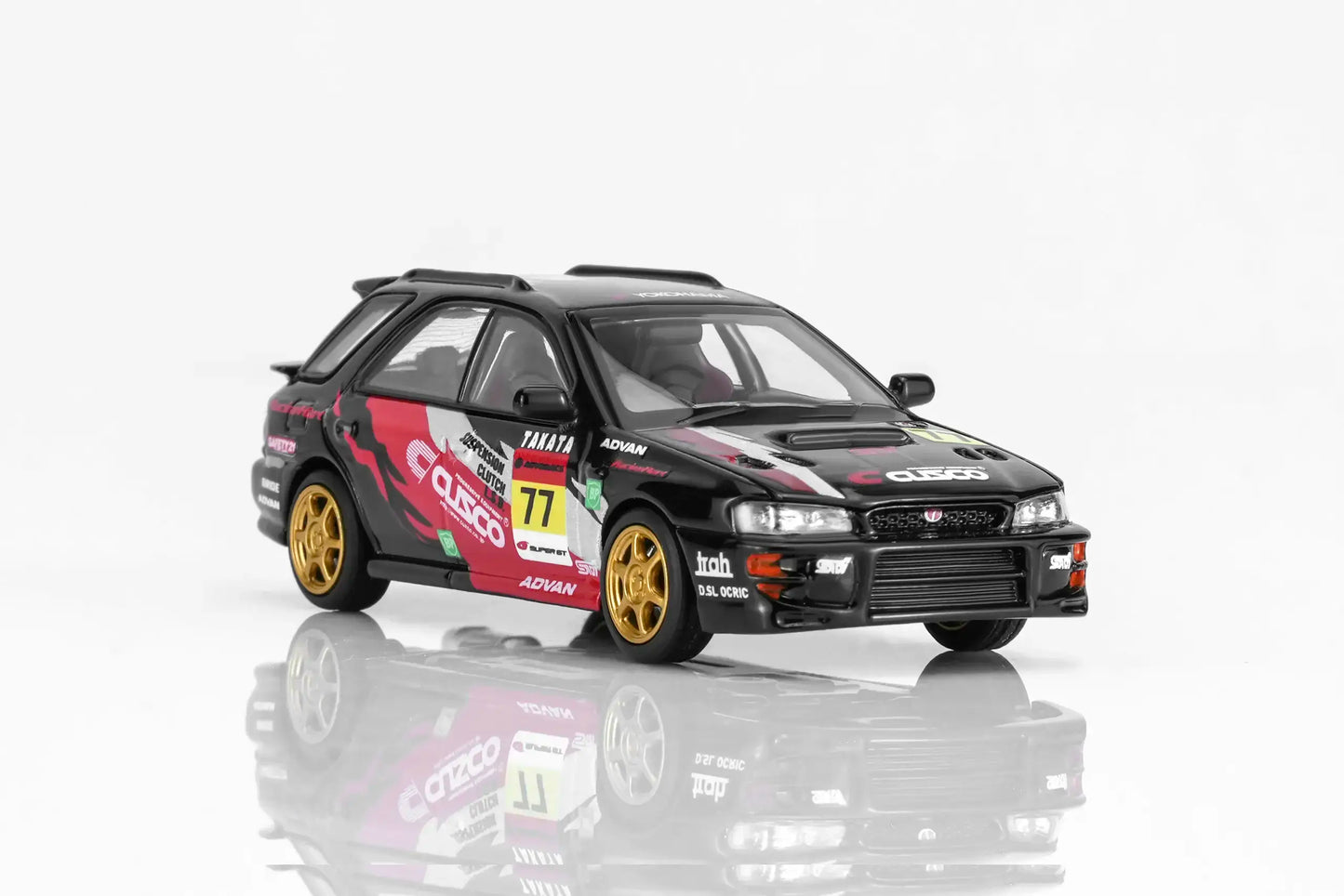 MotorHelix Subaru Impreza WRX STi Ver VI Wagon in CUSCO black livery with opening hood.