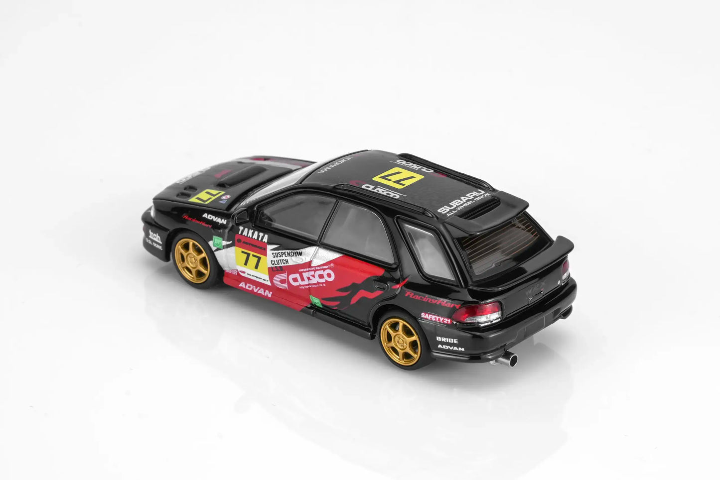 MotorHelix Subaru Impreza WRX STi Ver VI Wagon in CUSCO black livery with opening hood.