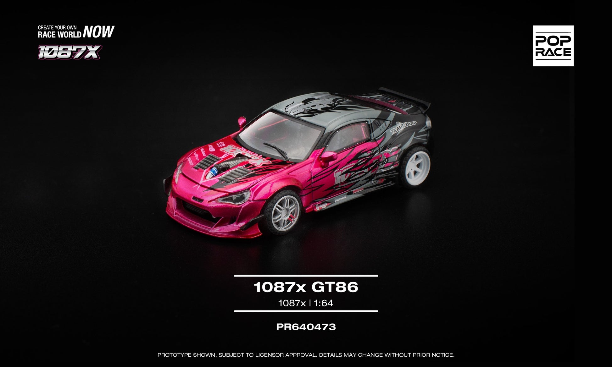 POP Race 1:64 Toyota GT86 1087X drift car in detailed livery, featuring a removable front hood that reveals the engine. Front