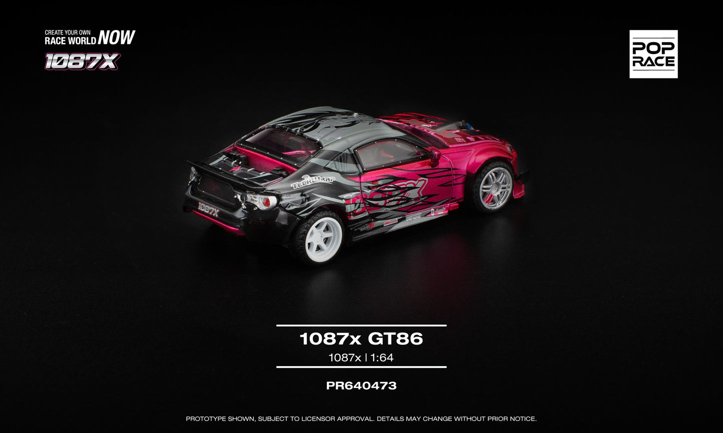 POP Race 1:64 Toyota GT86 1087X drift car in detailed livery, featuring a removable front hood that reveals the engine. Back