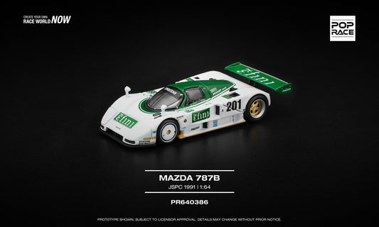 POP Race 1:64 scale Mazda 787B JSPC 1991 in detailed racing livery, featuring aerodynamic bodywork, rear wing, rotary engine detailing, and authentic sponsor markings. Front