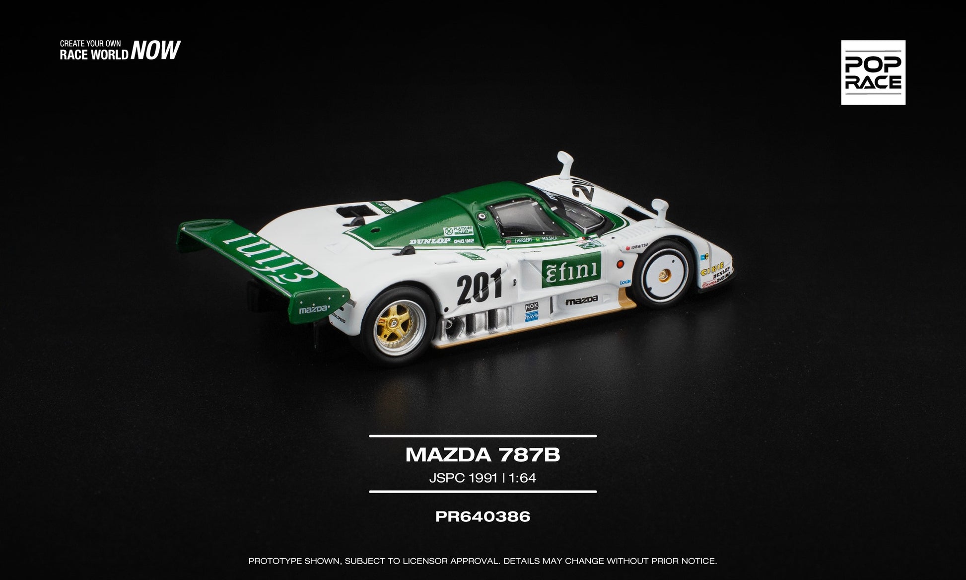 POP Race 1:64 scale Mazda 787B JSPC 1991 in detailed racing livery, featuring aerodynamic bodywork, rear wing, rotary engine detailing, and authentic sponsor markings. Back