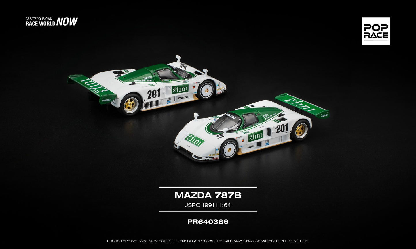 POP Race 1:64 scale Mazda 787B JSPC 1991 in detailed racing livery, featuring aerodynamic bodywork, rear wing, rotary engine detailing, and authentic sponsor markings.