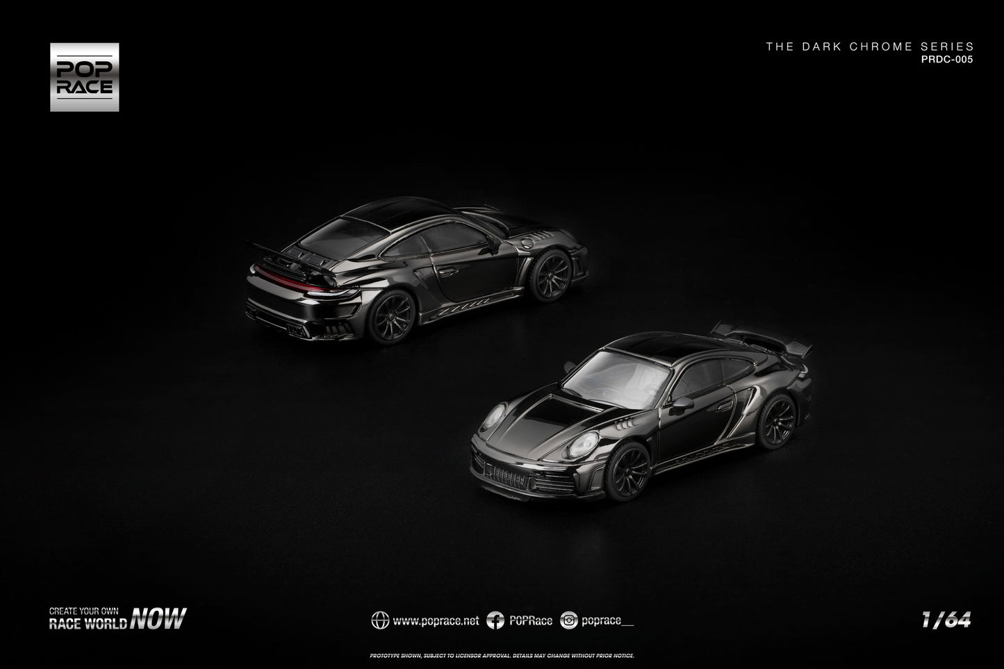 POP Race 1:64 992 Stinger GTR Dark Chrome Series – premium tuner Porsche in dark chrome finish. Front