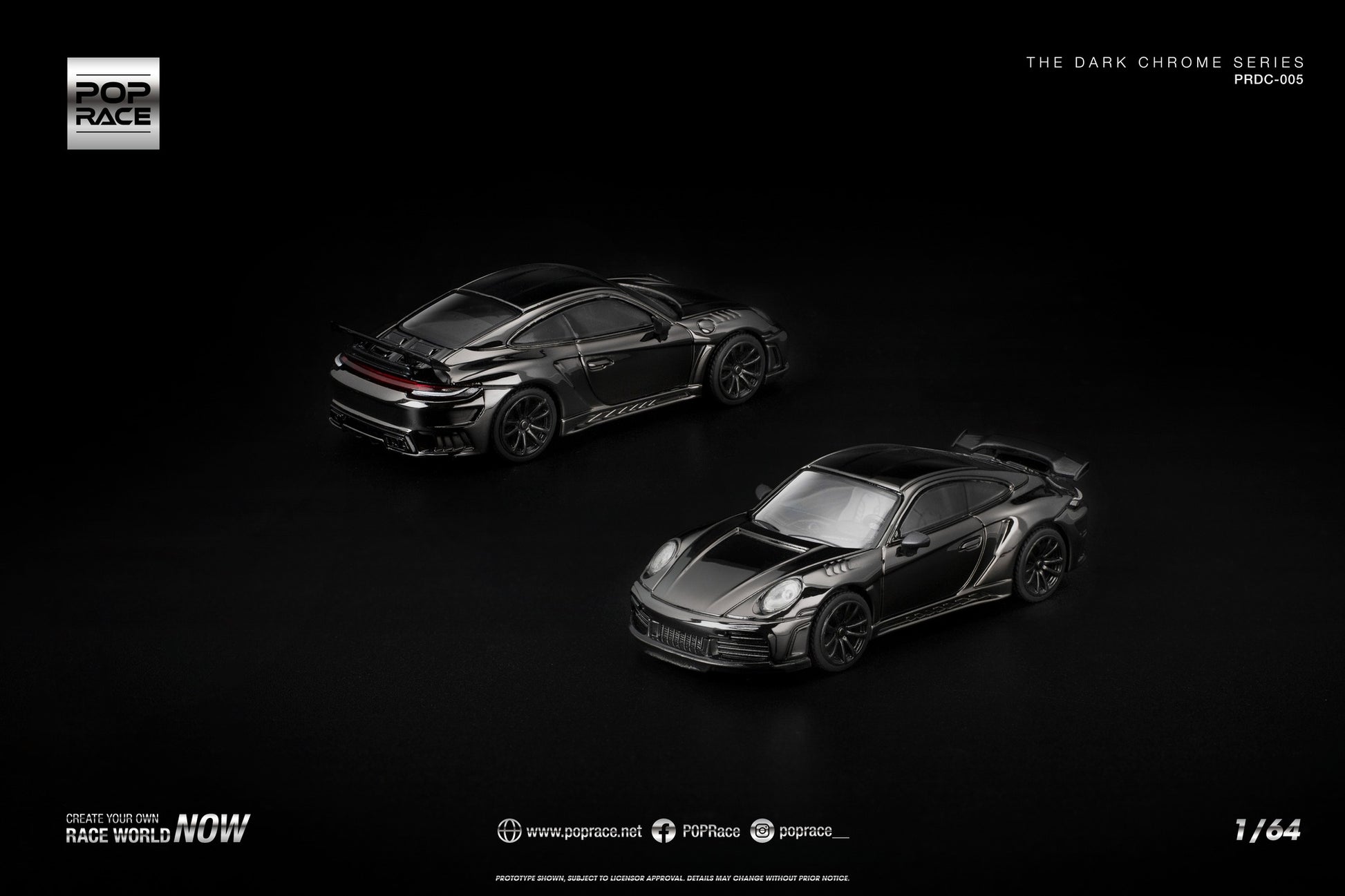 POP Race 1:64 992 Stinger GTR Dark Chrome Series – premium tuner Porsche in dark chrome finish. Front