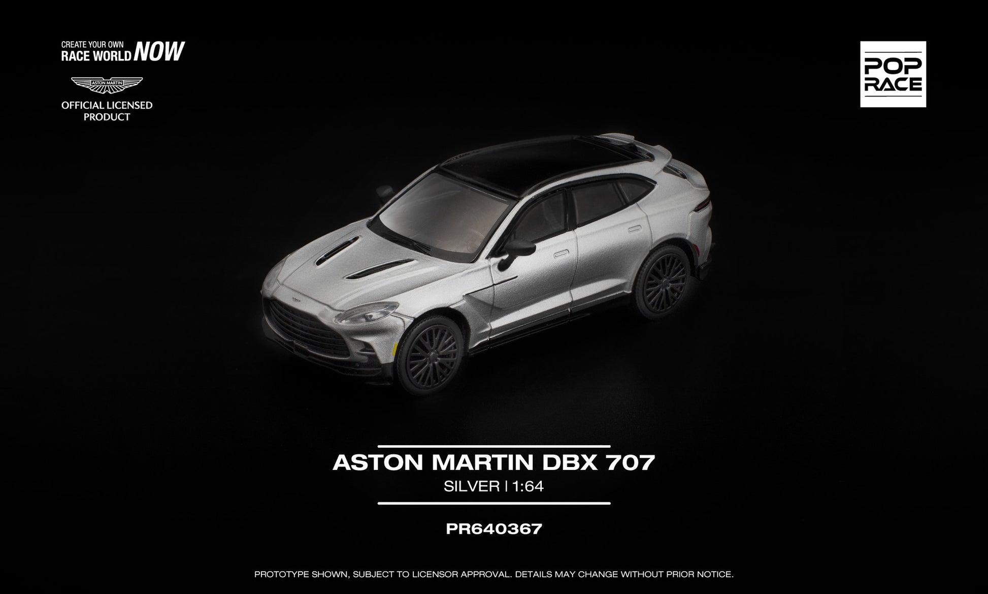 POP Race Aston Martin DBX 707 silver diecast model 1:64. Front