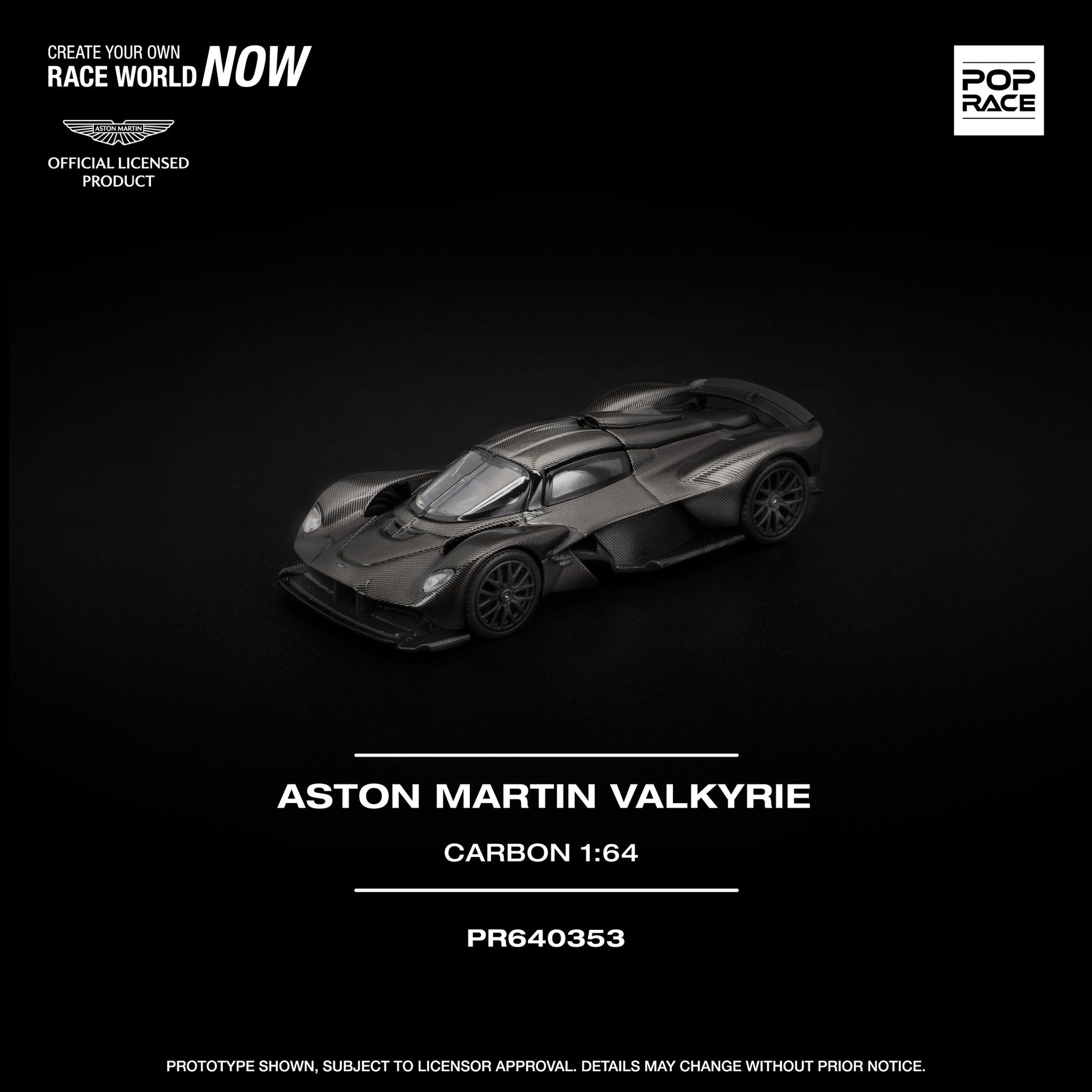 1:64 scale POP Race Aston Martin Valkyrie in full carbon fiber finish, displayed in collector case. Front