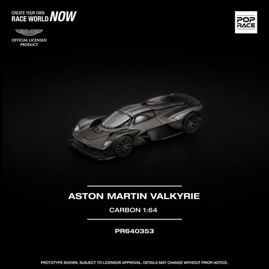 1:64 scale POP Race Aston Martin Valkyrie in full carbon fiber finish, displayed in collector case. Front