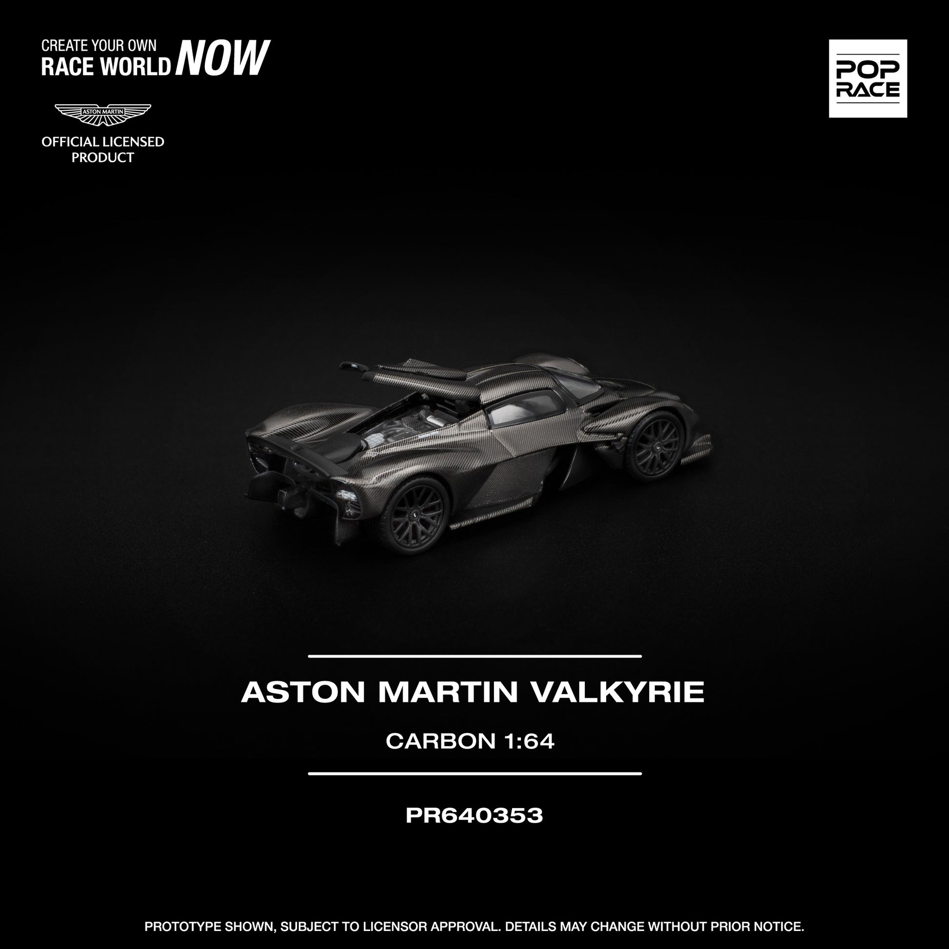 1:64 scale POP Race Aston Martin Valkyrie in full carbon fiber finish, displayed in collector case. Back