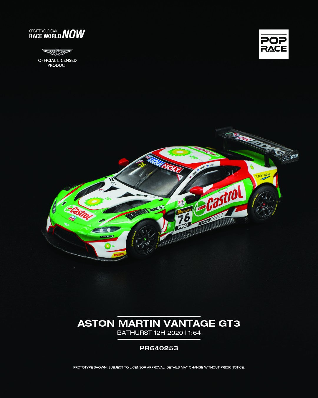 1:64 scale POP Race Aston Martin Vantage GT3 Bathurst 12 Hour 2020 die-cast model – detailed livery and racing aero parts. front left image