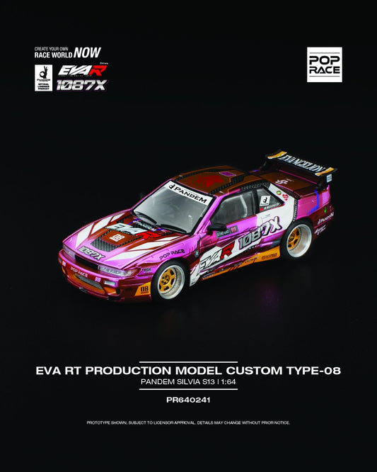 POP Race Evangelion Type-08 Pandem Silvia S13 1:64 model in wide-body purple anime livery. Front