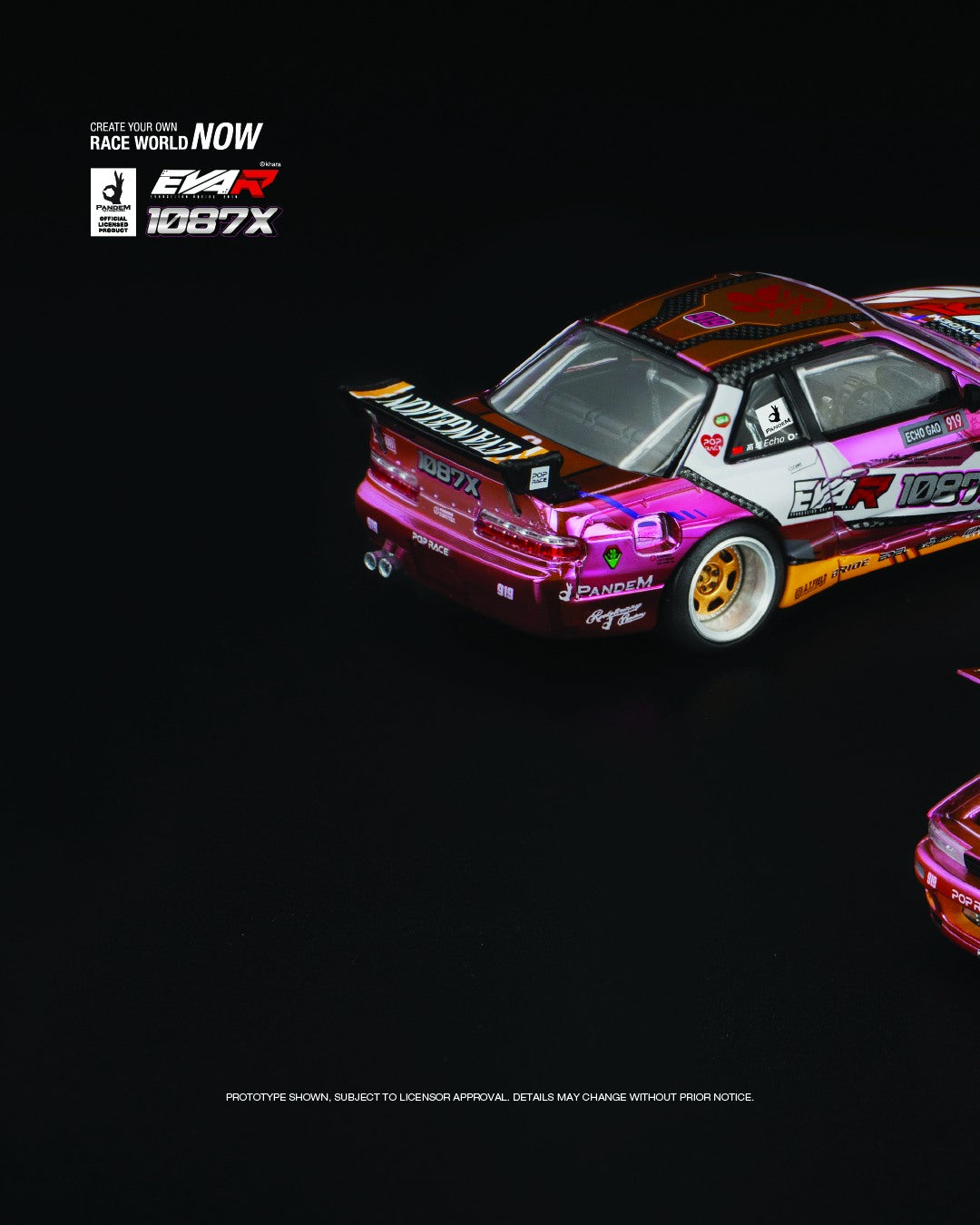 POP Race Evangelion Type-08 Pandem Silvia S13 1:64 model in wide-body purple anime livery. Left