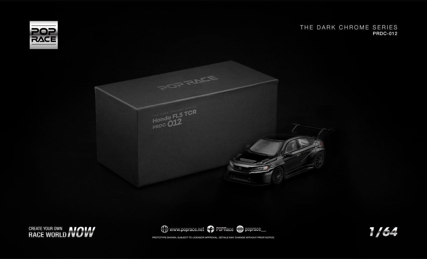 POP Race Honda Civic FL5 TCR dark chrome opening hood engine detail 1:64. Front