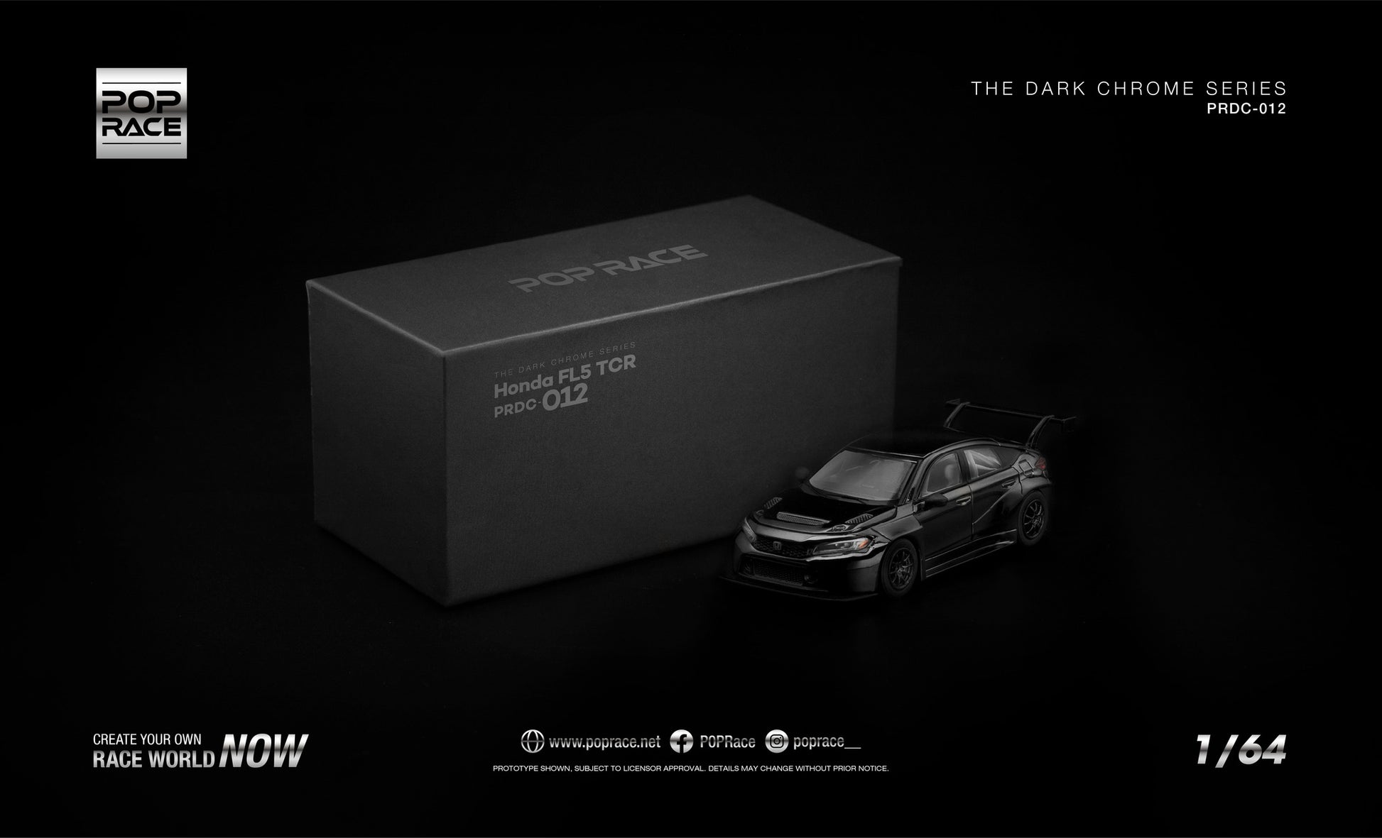 POP Race Honda Civic FL5 TCR dark chrome opening hood engine detail 1:64. Front