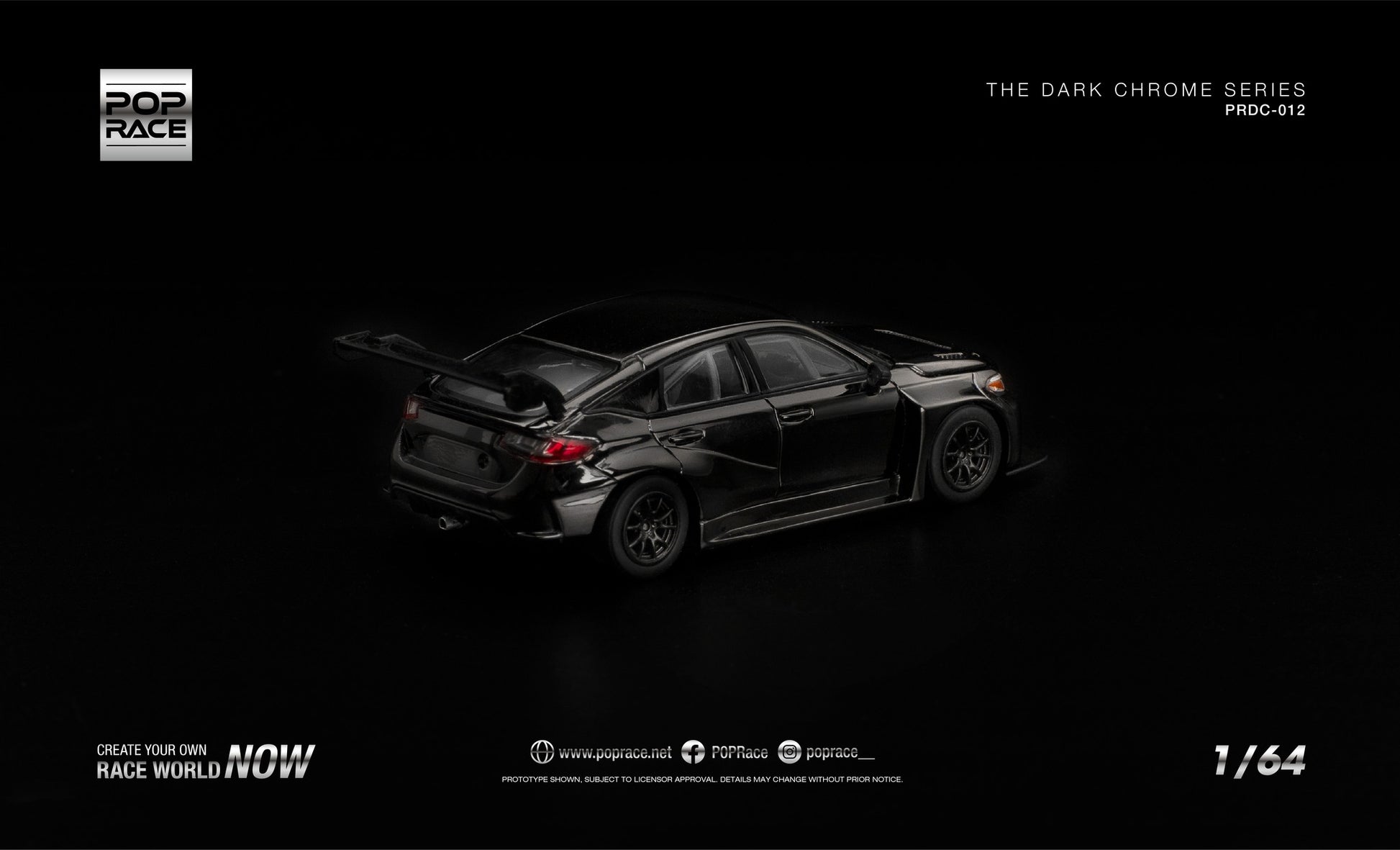 POP Race Honda Civic FL5 TCR dark chrome opening hood engine detail 1:64. Back
