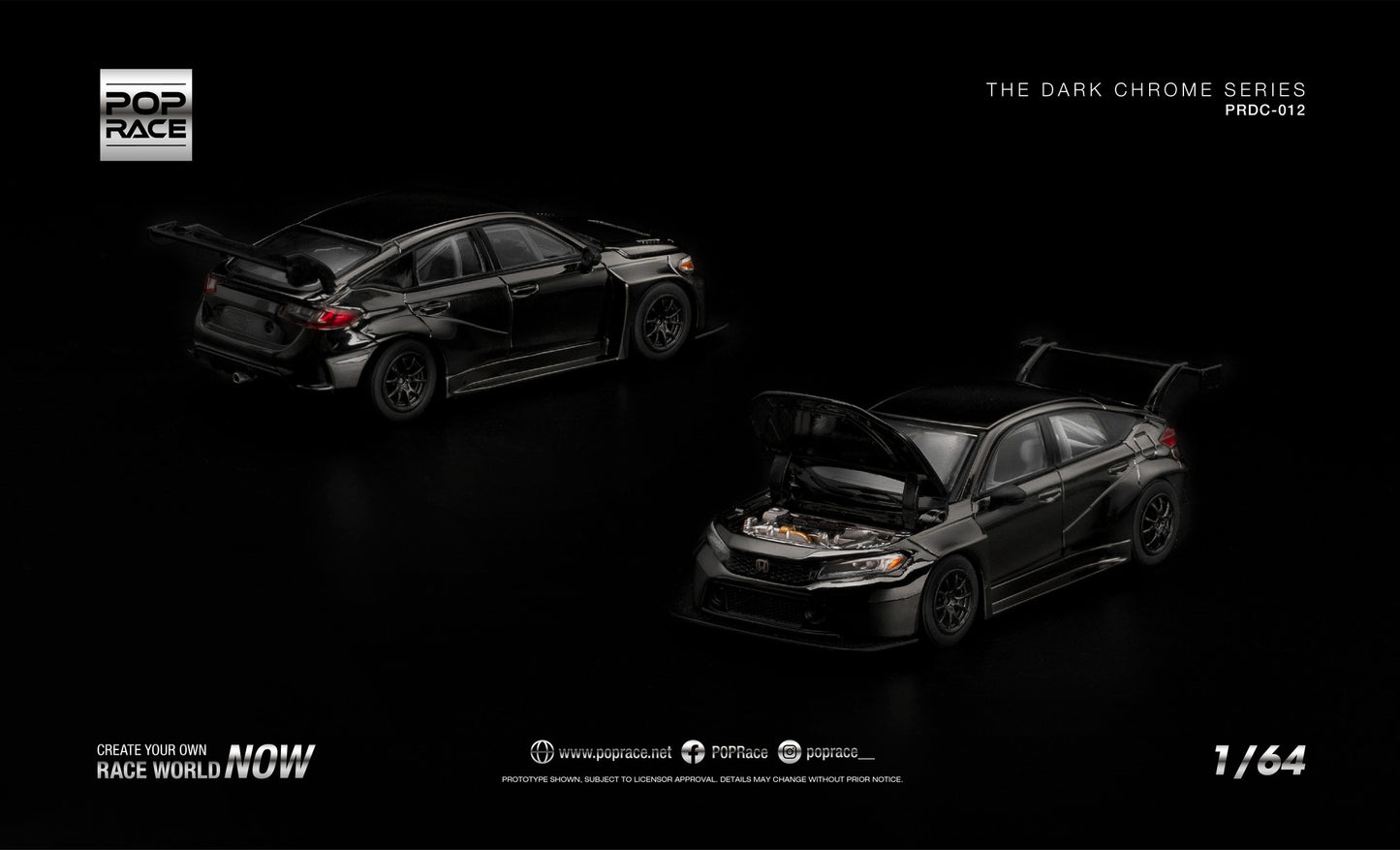 POP Race Honda Civic FL5 TCR dark chrome opening hood engine detail 1:64