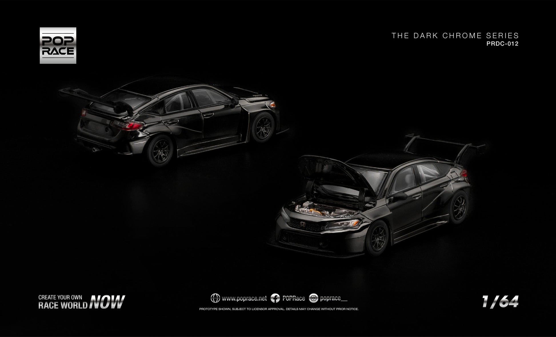 POP Race Honda Civic FL5 TCR dark chrome opening hood engine detail 1:64