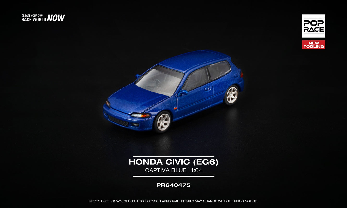 POP Race 1:64 Honda Civic (EG6) in Captiva Blue with opening hood and visible engine details. Front