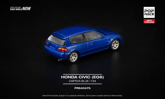 POP Race 1:64 Honda Civic (EG6) in Captiva Blue with opening hood and visible engine details. Back