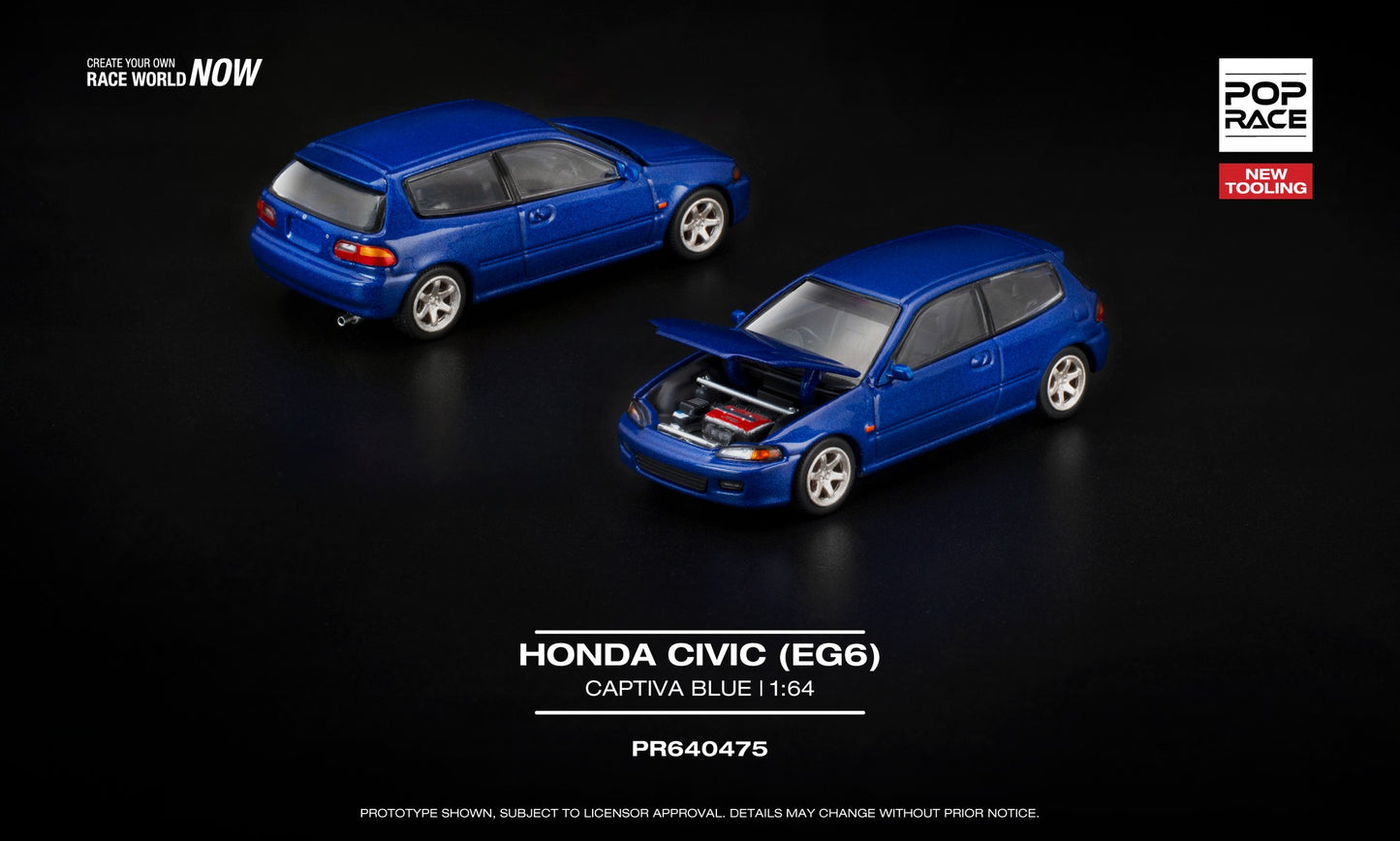 POP Race 1:64 Honda Civic (EG6) in Captiva Blue with opening hood and visible engine details.