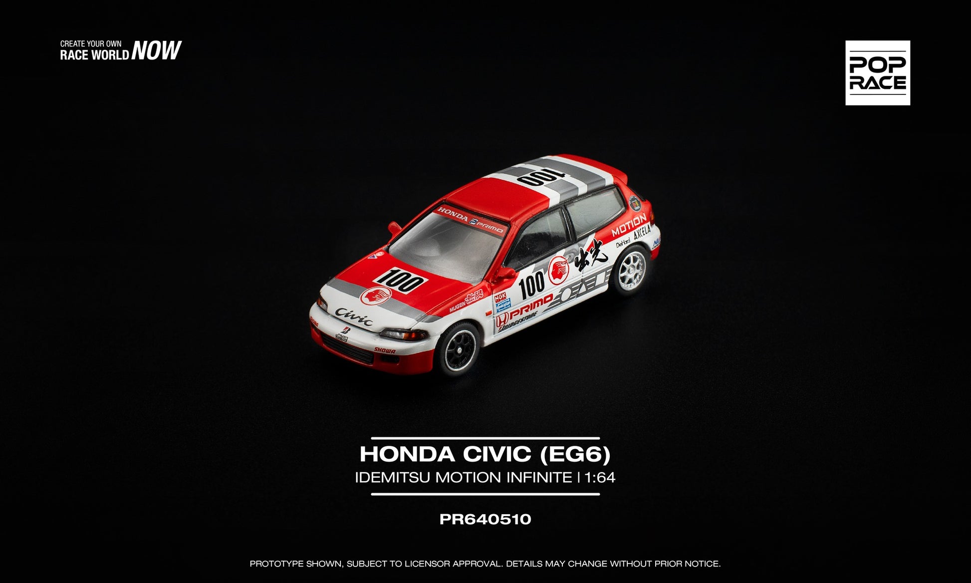 POP Race Honda Civic EG6 Idemitsu Motion Infinite opening hood engine 1:64. Front