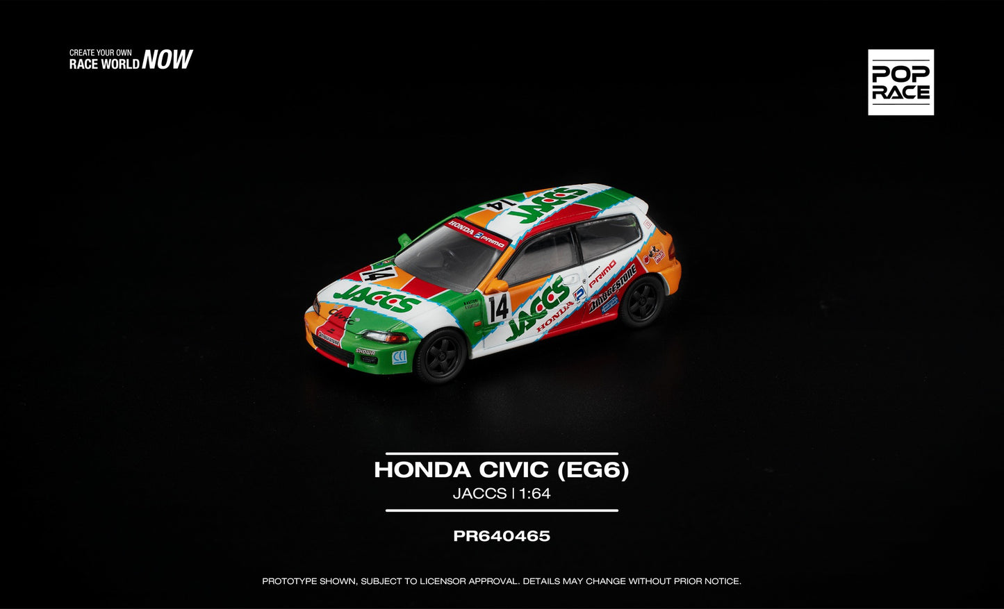 POP Race Honda Civic EG6 JACCS touring car opening hood diecast 1:64. Front